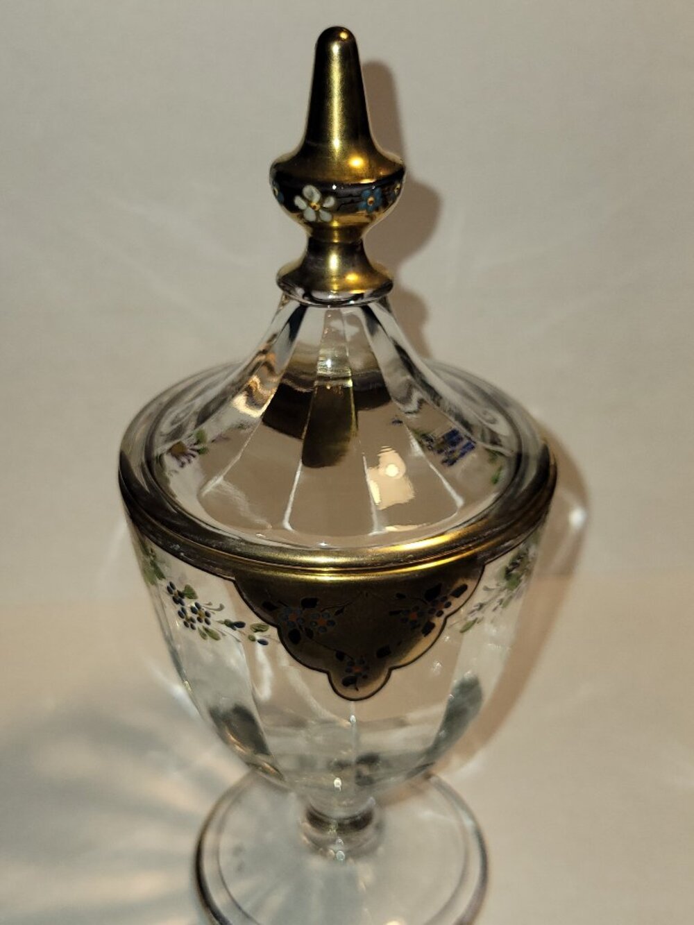 Antique Heisey #465 Recessed Panel 1/4lb Lidded Candy Jar Gold Trim Enamel Roses